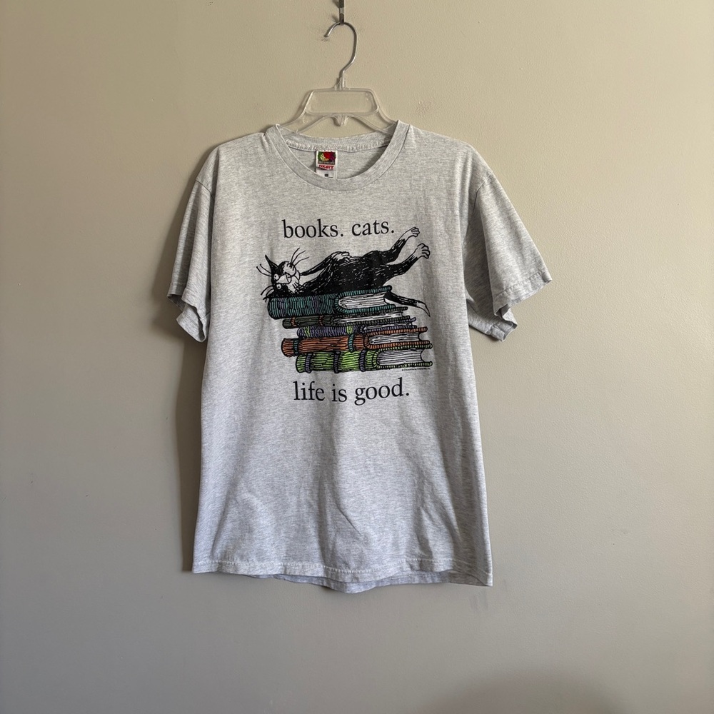 VTG 90s Y2K Books Cats Life Is Good Grey Shirt Mens Large Edward Gorey Cartoon